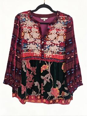 John Mark Velvet Embroidered Floral Burnout Maroon Top, M